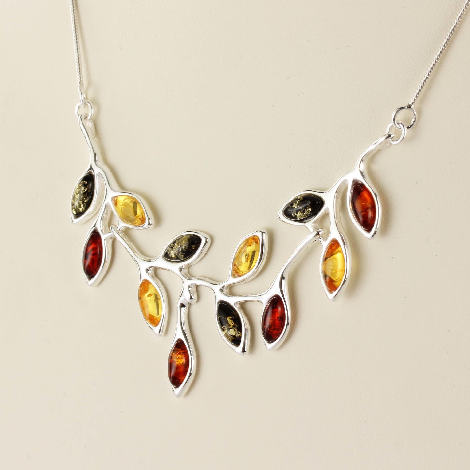 Amber Leaves Necklace 11 Multi Coloured Baltic Amber Marquise Cut Pieces 4979