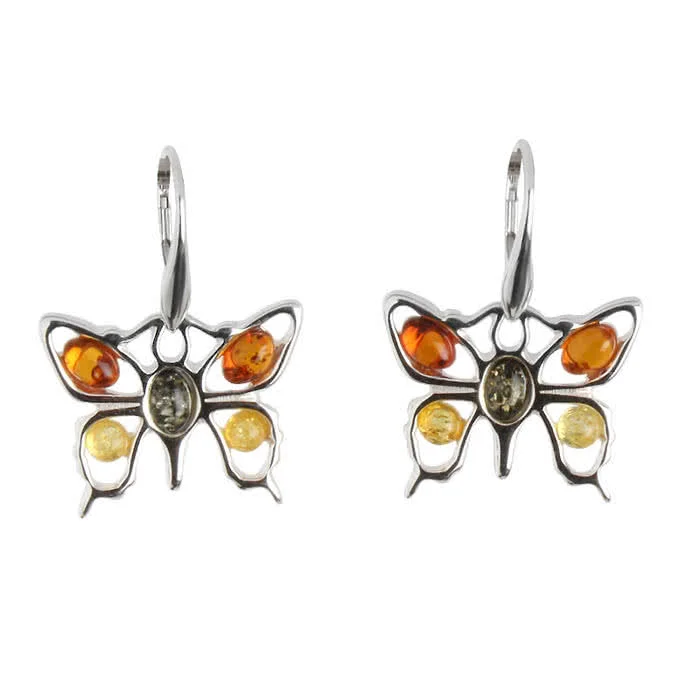 Butterfly Earrings, Baltic Amber Multi Coloured Silver Butterfly Earrings