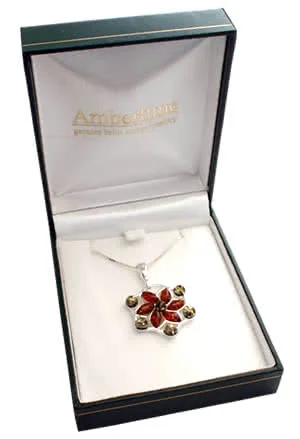 Silver Flower Pendant set with Green and Cognac Blatic Amber