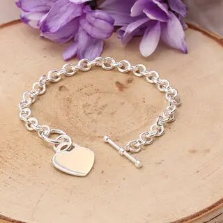 Engravable Personalised Heart T-Bar 925 Sterling Silver Bracelet