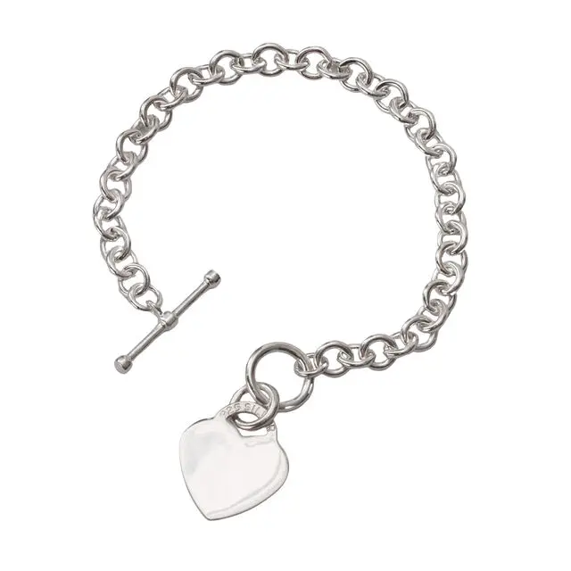 Solid 925 Sterling Silver T-Bar Heart Bracelet