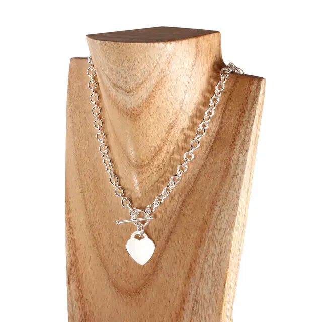 925 Solid Sterling Silver Heart T-Bar Necklace