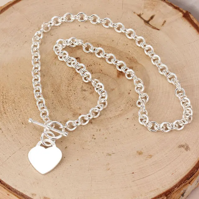 British Made 925 Sterling Silver Heart T-Bar Necklace