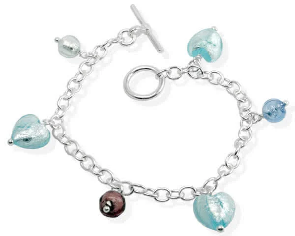 Ice Blue Murano Glass Heart Charm Bracelet