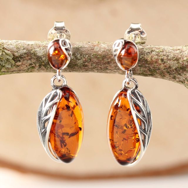 Amber Leaf Edged Drop Earrings - Matching Bracelet And Pendant Available