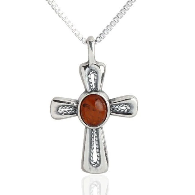 Sterling Silver Baltic Amber Cross And Chain