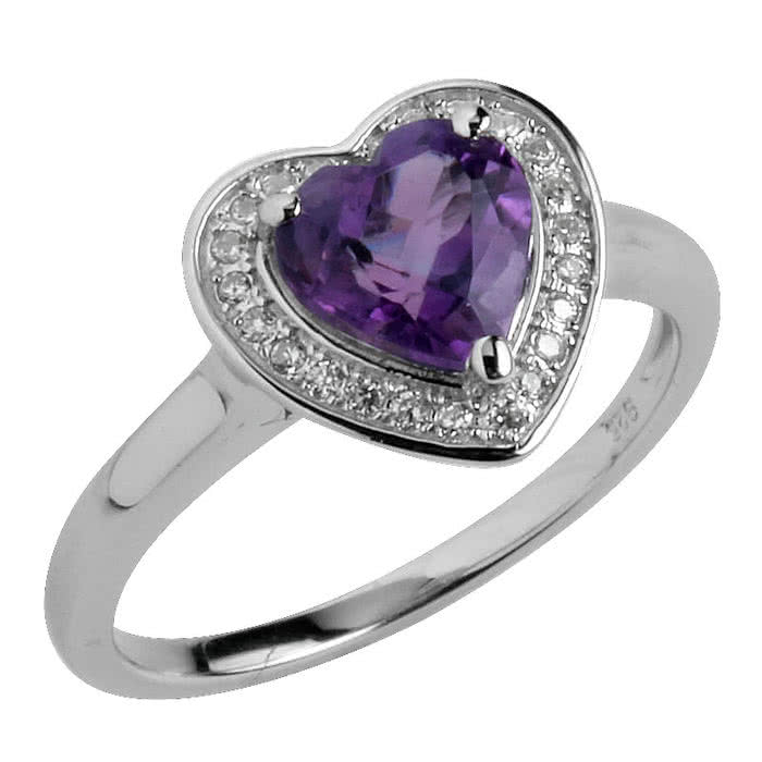 Genuine Amethyst Heart Silver Ring Surrounded With Cz Stones