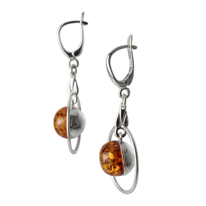 Long Baltic Amber Drop Earrings, Amber Bead In Silver Circle