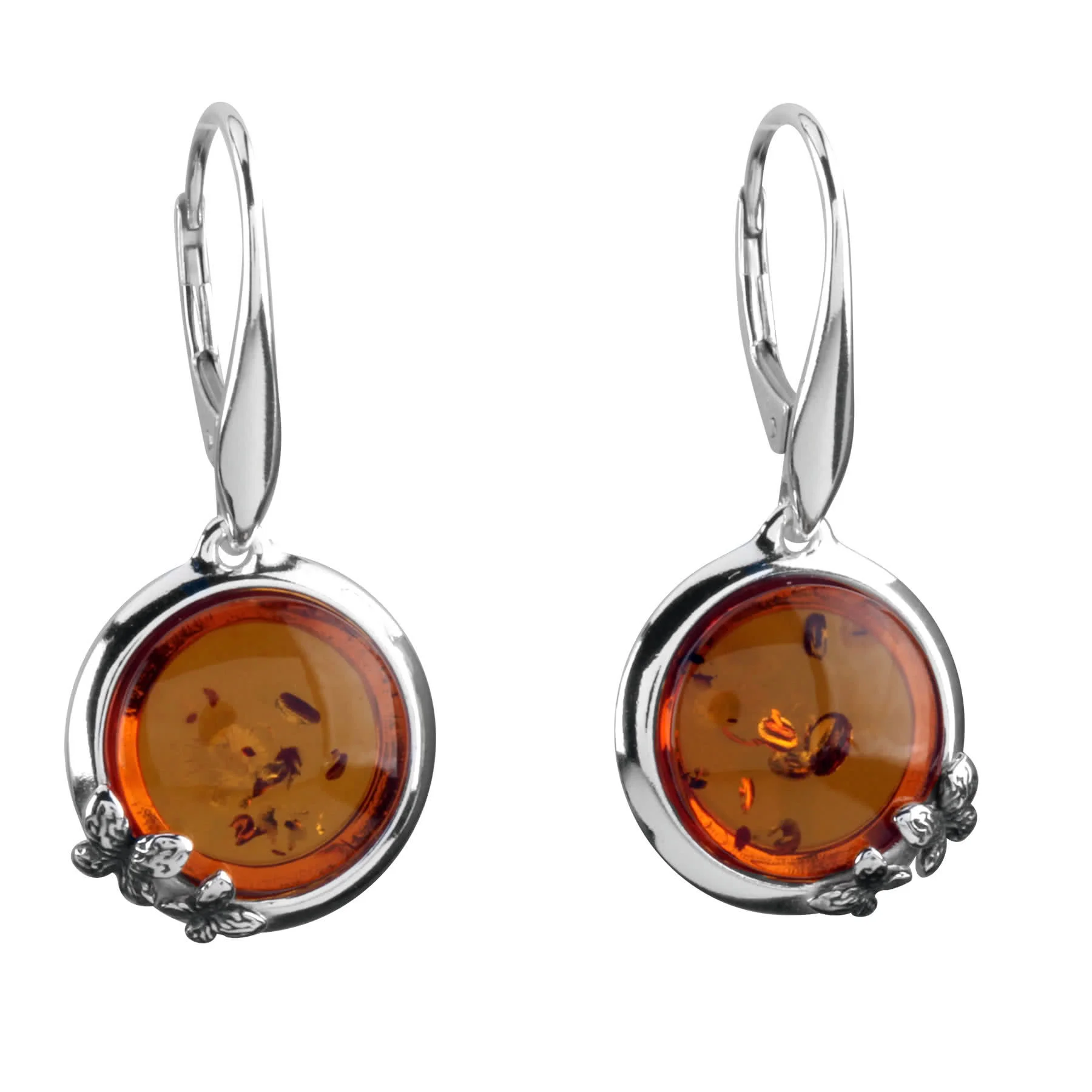 Sterling Silver Baltic Amber Set Earrings With Oxidised Butterflies