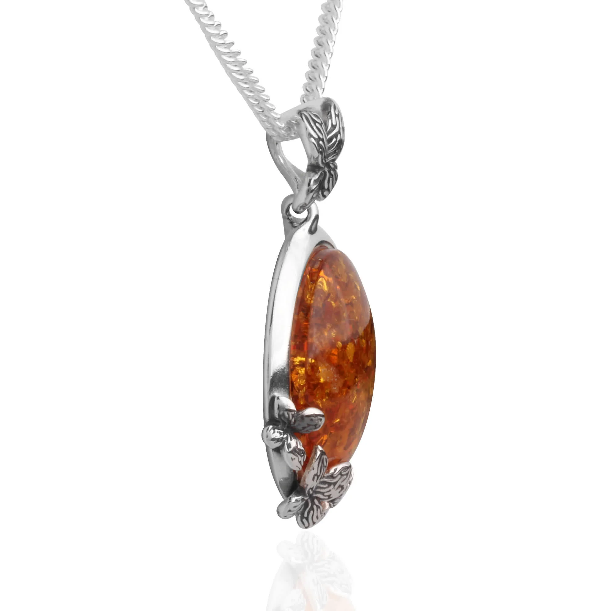 Large Round Baltic Amber With Silver Butterflies Around The Pendant