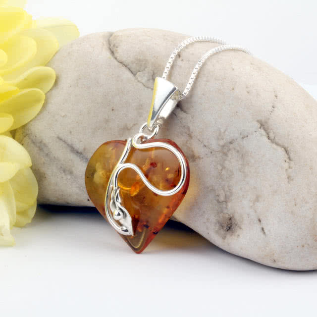 Baltic Amber Hand Made Heart Pendant With Silver Wire Work And Flower 