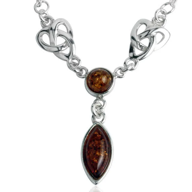 Celtic Knot Marquise Baltic Amber Sterling Silver Necklace