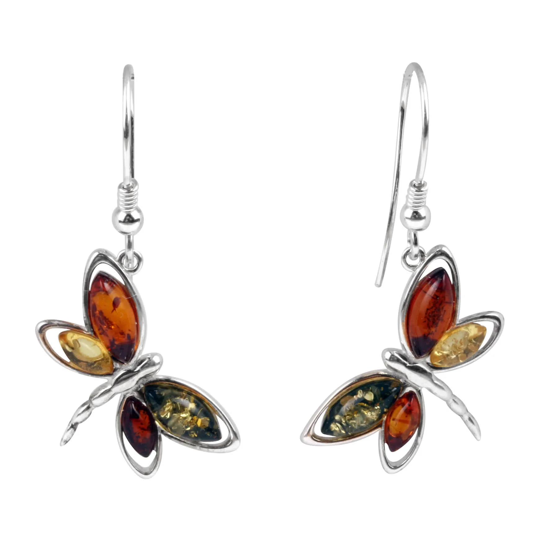 Multi Coloured Baltic Amber Dragonfly Silver Earrings
