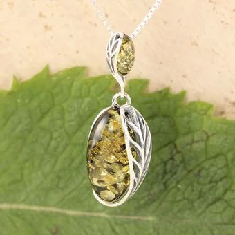 Green Baltic Amber Leaf Edged Sterling Silver Pendant