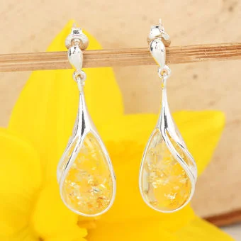 Lemon Baltic Amber Pear Drop Sterling Silver Earrings