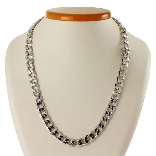 10mm Rhodium Plated Heavy Solid Sterling Silver Mens Curb Chain
