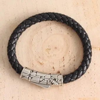 Sterling Silver Imitation Leather Mens Bracelet