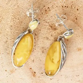 Milky Baltic Amber Leaf Edged Silver Drop Earrings
