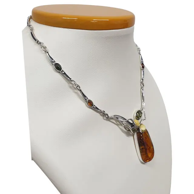 Multi Coloured Baltic Amber 925 Sterling Silver Necklace