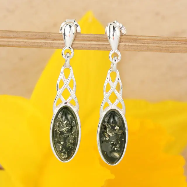Green Baltic Amber Celtic Sterling Silver Drop Earrings
