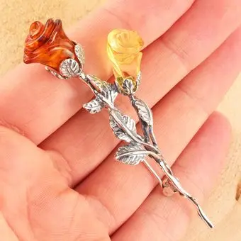 Vintage Sterling Silver Baltic Amber Rose store Flower Brooch