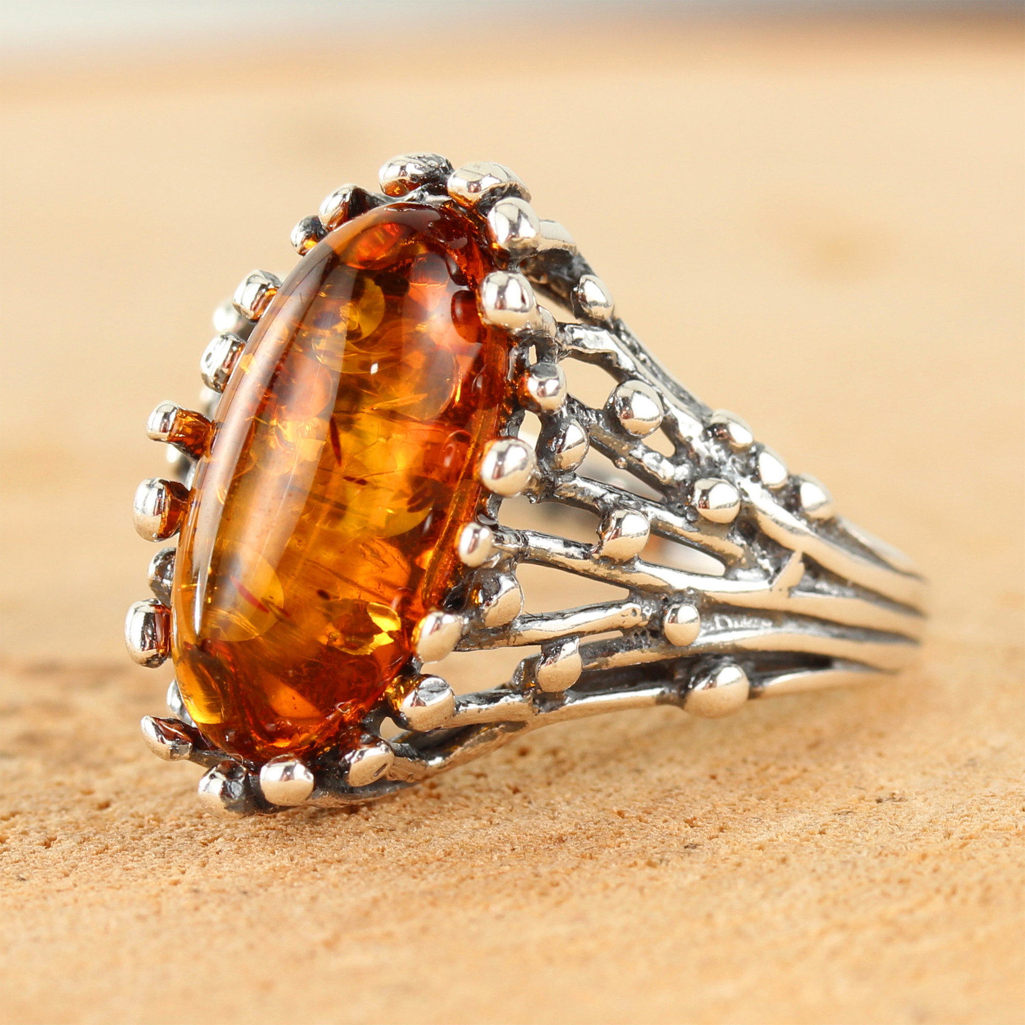 Large Honey Baltic Amber Sterling Silver Cascade Ring