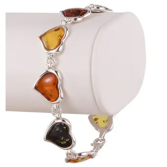 Sterling Silver Multicoloured Baltic Amber Hearts Bracelet