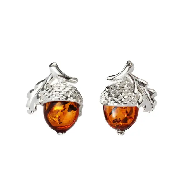 Sterling Silver Oak Leaf and Acorn Baltic Amber Earrings