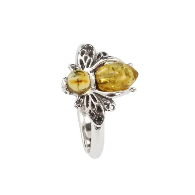 925 Sterling Silver Lemon Amber Bee Ring