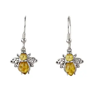 Lemon Baltic Amber Bee Drop Earrings 