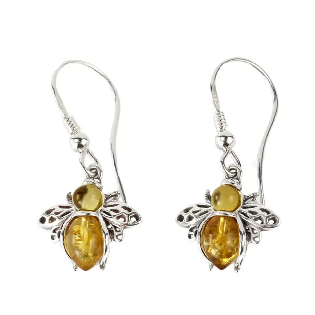 Lemon Baltic Amber Bee Sterling Silver Drop Earrings