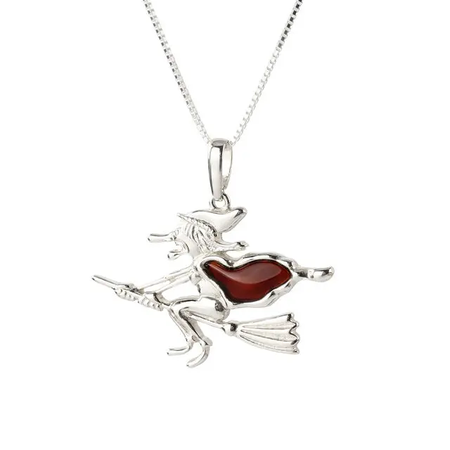 Flying Witch Cherry Baltic Amber 925 Sterling Silver Pendant