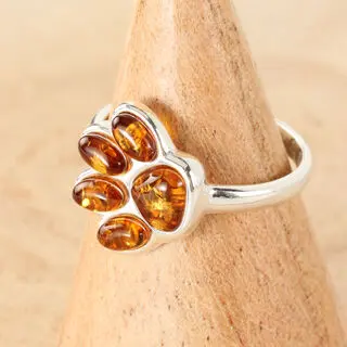 Honey Amber Pet Paw Ring Sterling Silver 925