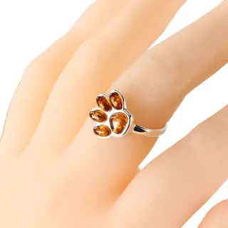 Paw Print 925 Sterling Silver Ring Honey Baltic Amber