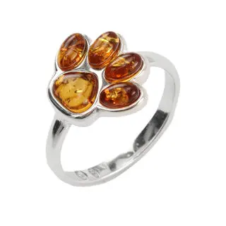 Sterling Silver Paw Print Ring Honey Baltic Amber