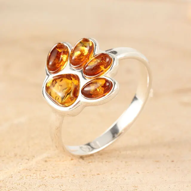 Honey Amber Sterling Silver Paw Print Ring