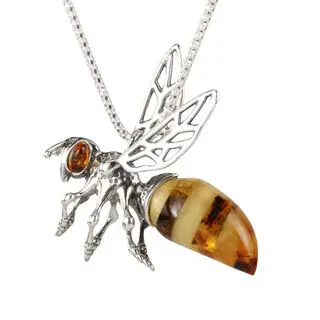 925 Sterling Silver Baltic Amber Bee Pendant