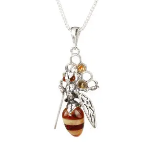 Sterling Silver Honeycomb Baltic Amber Bee Pendant