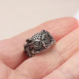 Oxidised Owl Ring Sterling Silver