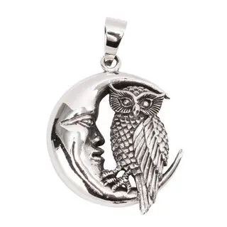 Large Owl in Moon Sterling Silver Pendant