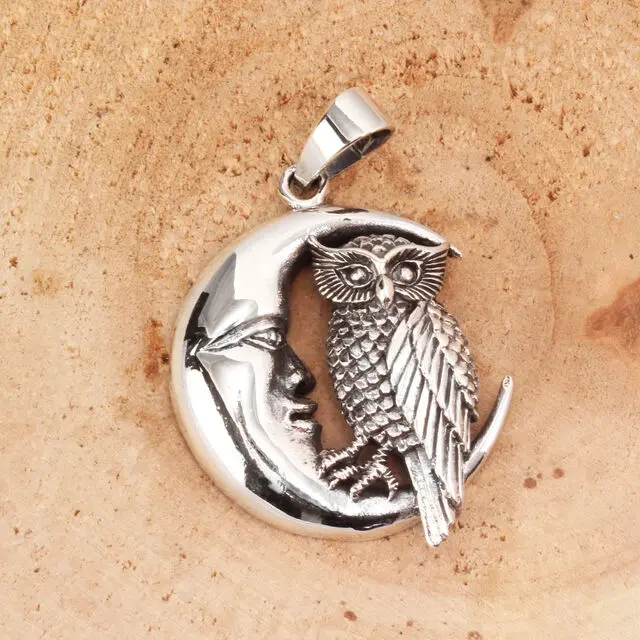 Moon and Owl Silver Pendant