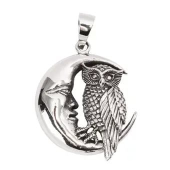 Large Owl in Moon 925 Sterling Silver Pendant