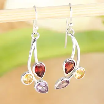 Amethyst Garnet and Citrine Triple Drop 925 Sterling Silver Earrings