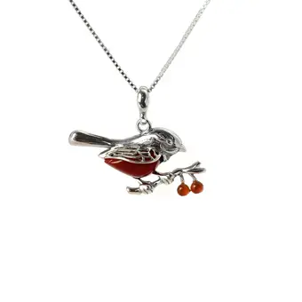 Carnelian Robin Pendant 925 Sterling Silver