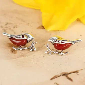 Carnelian Robin Stud Earrings 925 Sterling Silver 