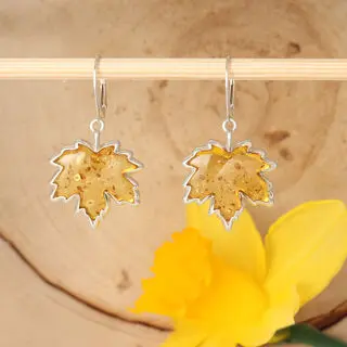 Large Lemon Baltic Amber Maple Leaf Earrings