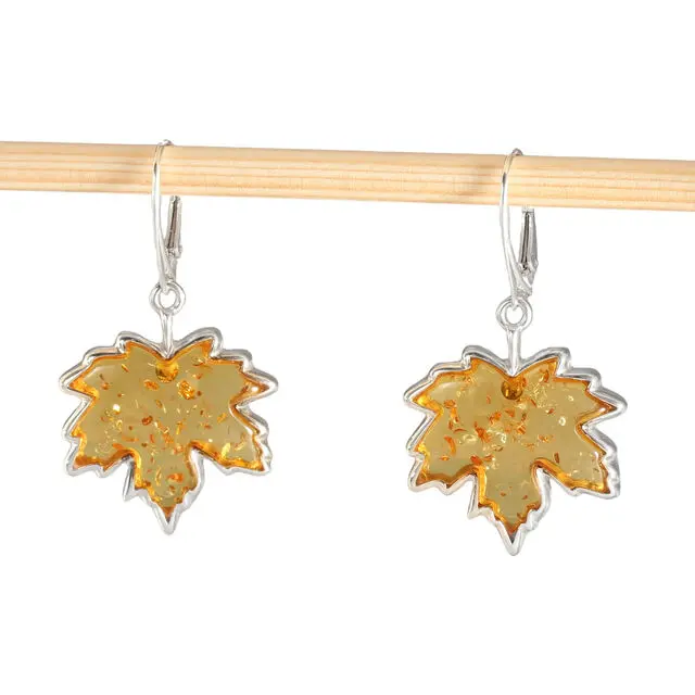 Large Maple Leaf Earrings 925 Sterling Silver Lemon Baltic Amber