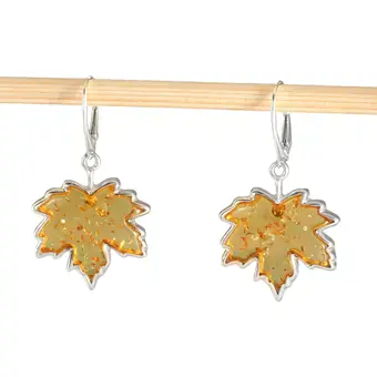 Large Lemon Baltic Amber Maple Leaf 925 Sterling Silver Earrings