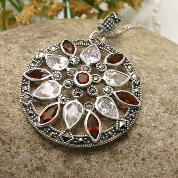 Red and White Marcasite Pendant - 30mm Diameter
