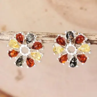 Multi Colour Sterling Silver Baltic Amber Flower Earrings